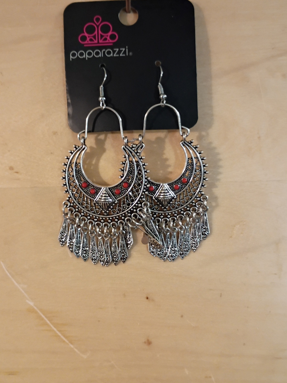paparazzi Silver Crescent Fringe Earrings with Red Accents